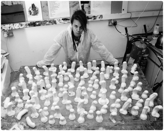 Crystabel Riley photographed with one-hundred-and-eleven plaster cocks, Ealing Studios, 2007